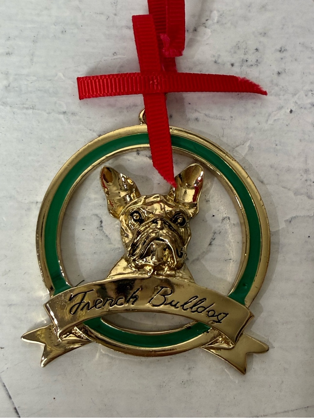 French Bulldog “Frenchie” Good Ornament Charm Red & Green